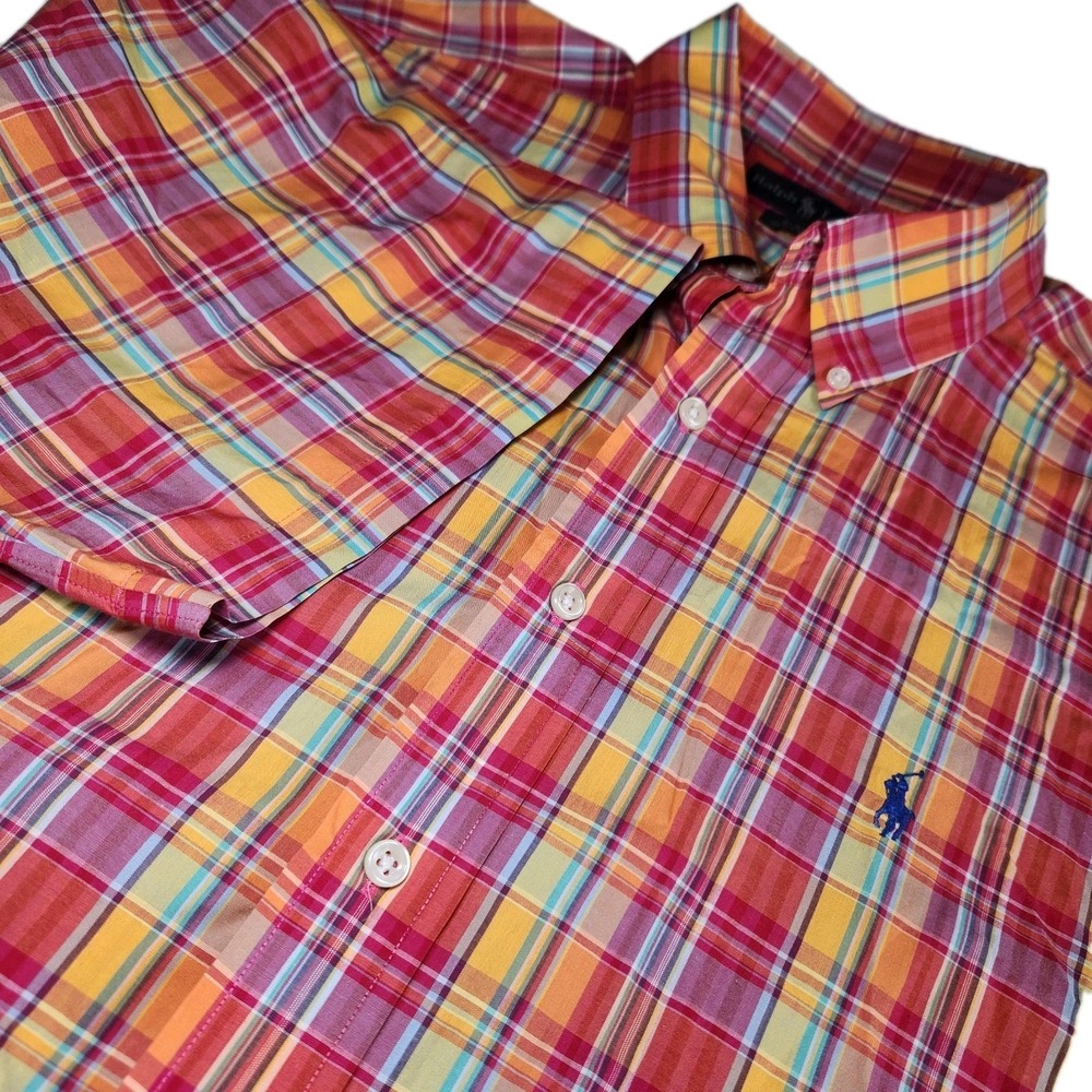 RALPH LAUREN Blake Short Sleeve Shirt Mens XL Pink Yellow Plaid Blue Pony Madras